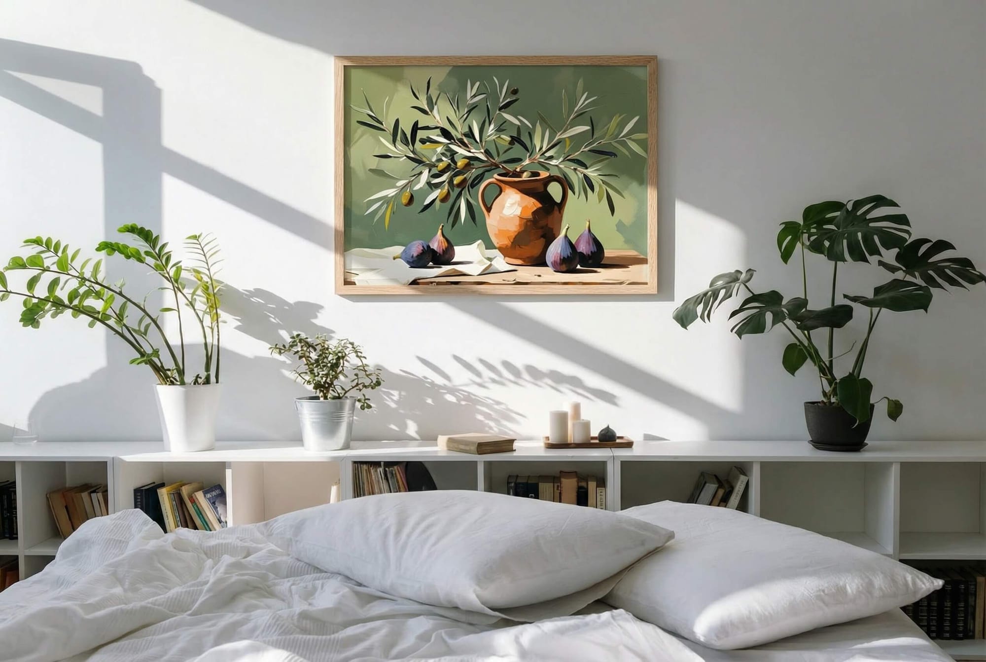Fig and olive still life artwork in a wooden frame, styled above a bed in a bright, minimalist bedroom with natural light, plants, and soft neutral tones.