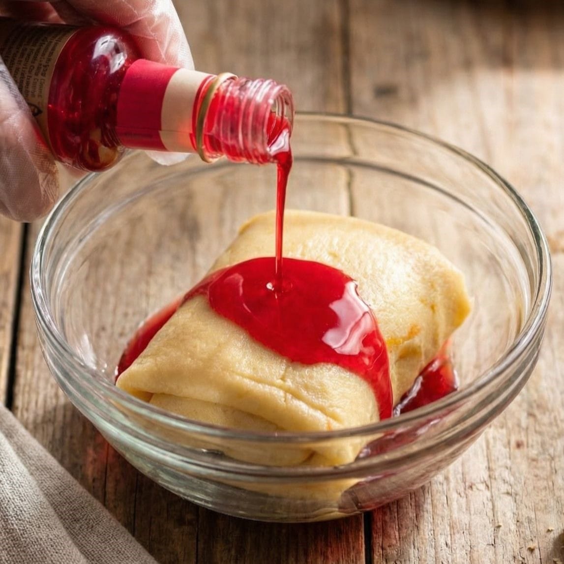 Red food colouring being added to butter cookie dough in a glass bowl