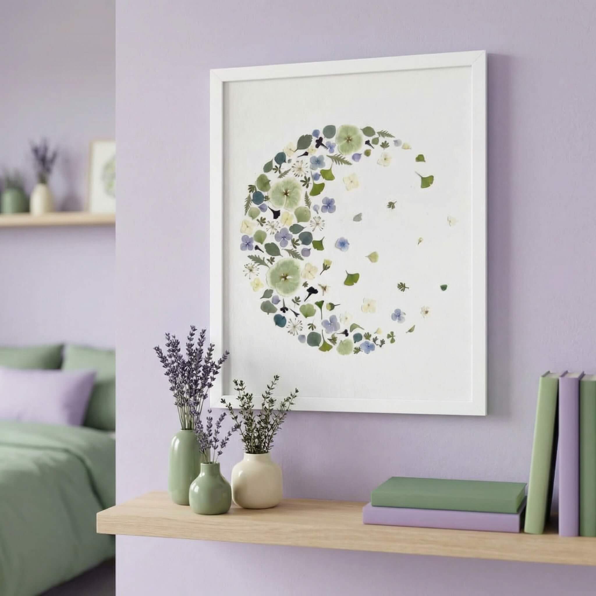 Dried flower faded moon artwork styled in a calm lavender and soft green bedroom.