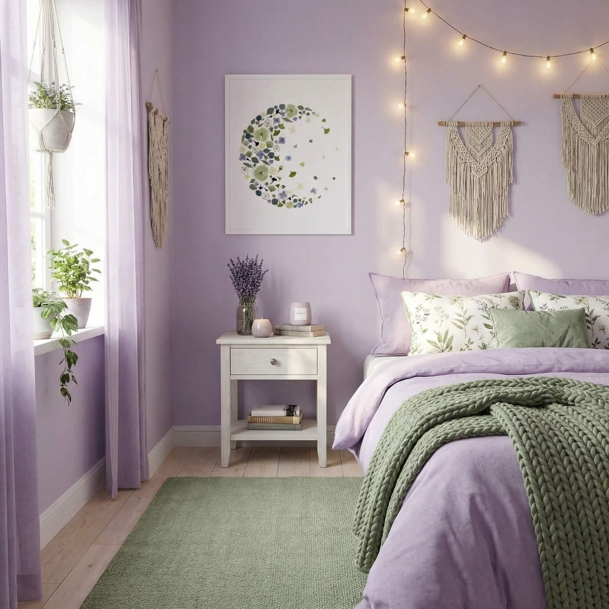 Dried-Flower faded moon artwork styled in a calm lavender and soft green teenage girl’s bedroom, creating a peaceful and gentle atmosphere.