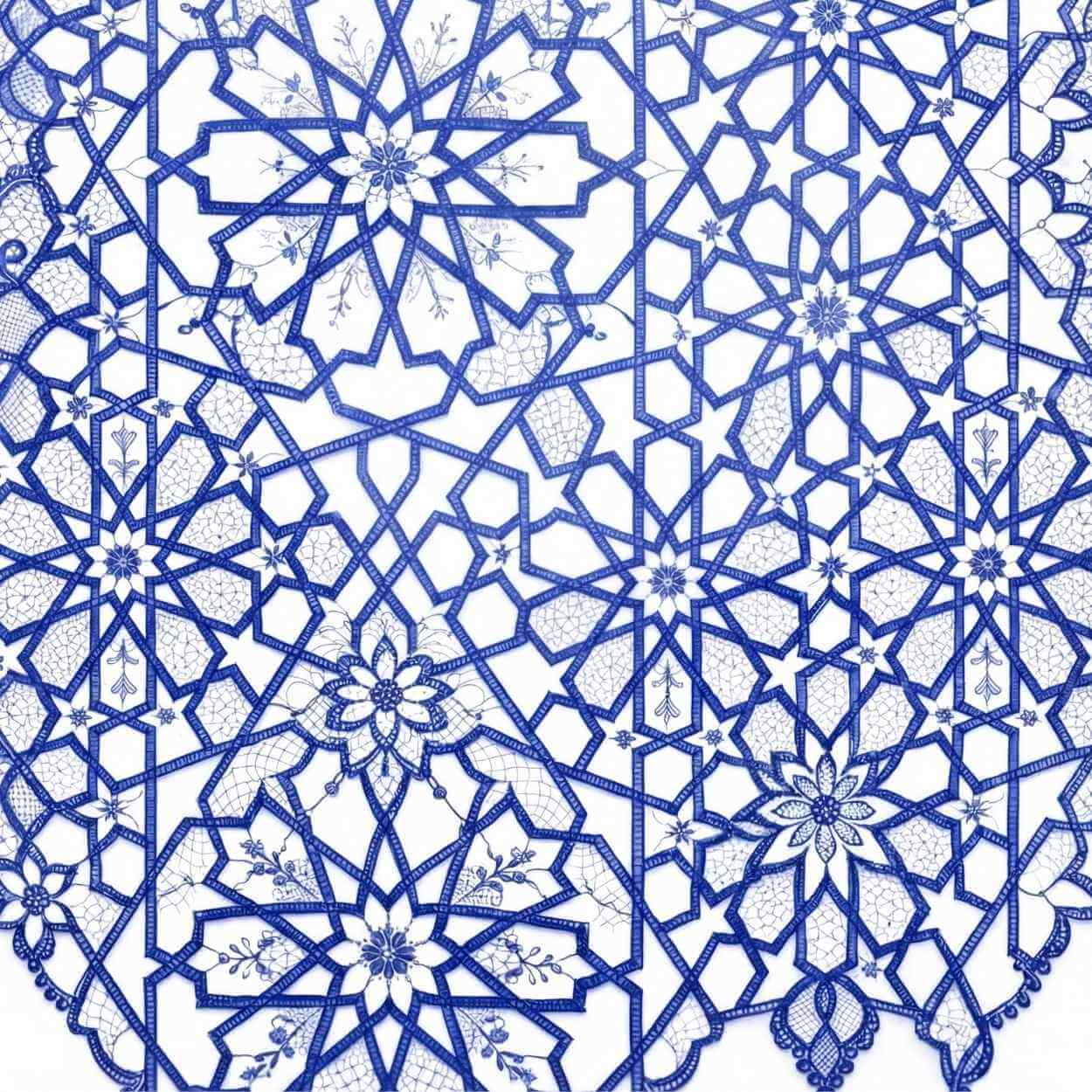 Close-up detail of blue geometric lace pattern reinterpreting traditional Islamic geometry through fine lace-inspired linework.