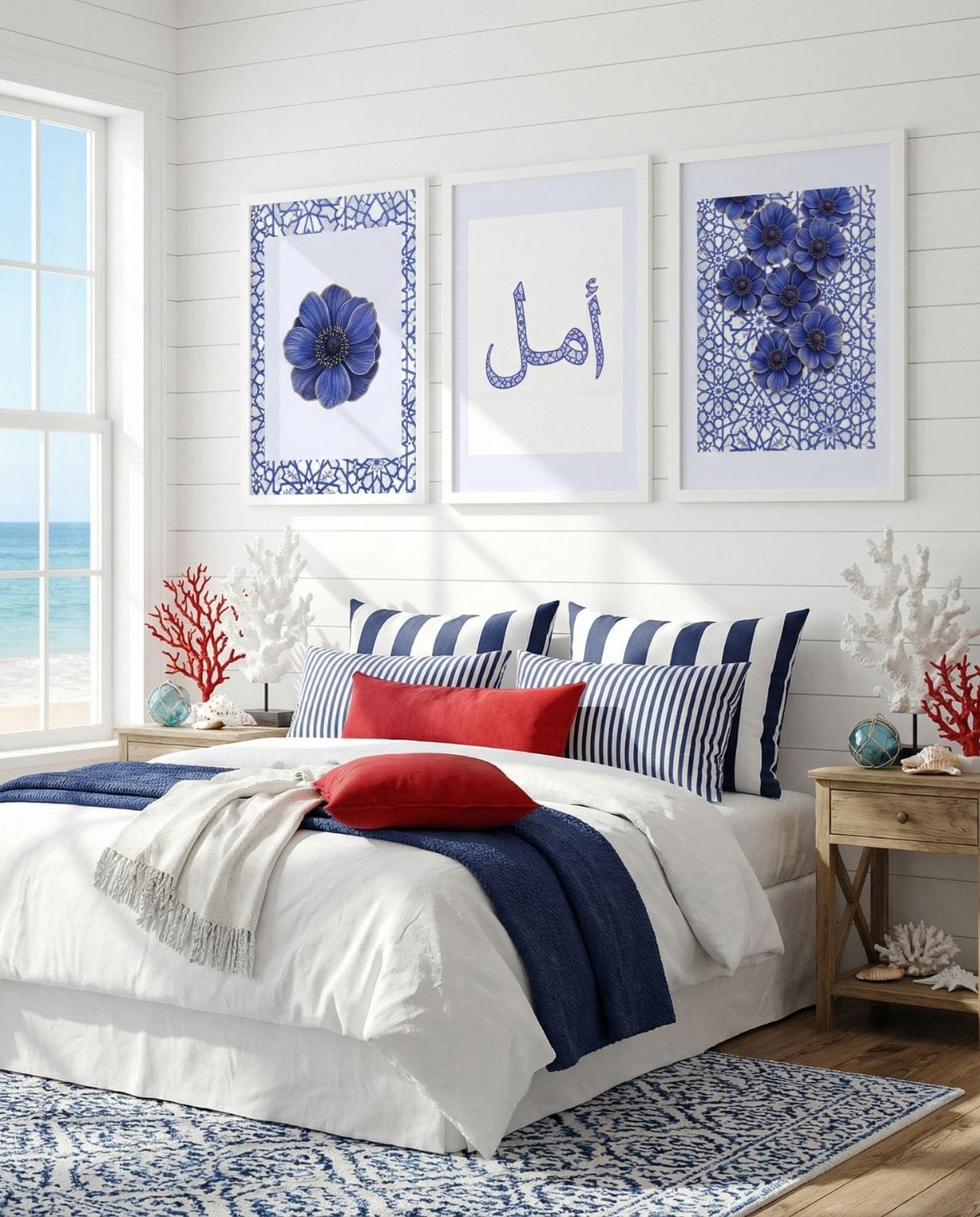 Blue botanical geometric lace Islamic wall art trio with Amal calligraphy framed above a white bed in a modern coastal bedroom with navy and red accents.