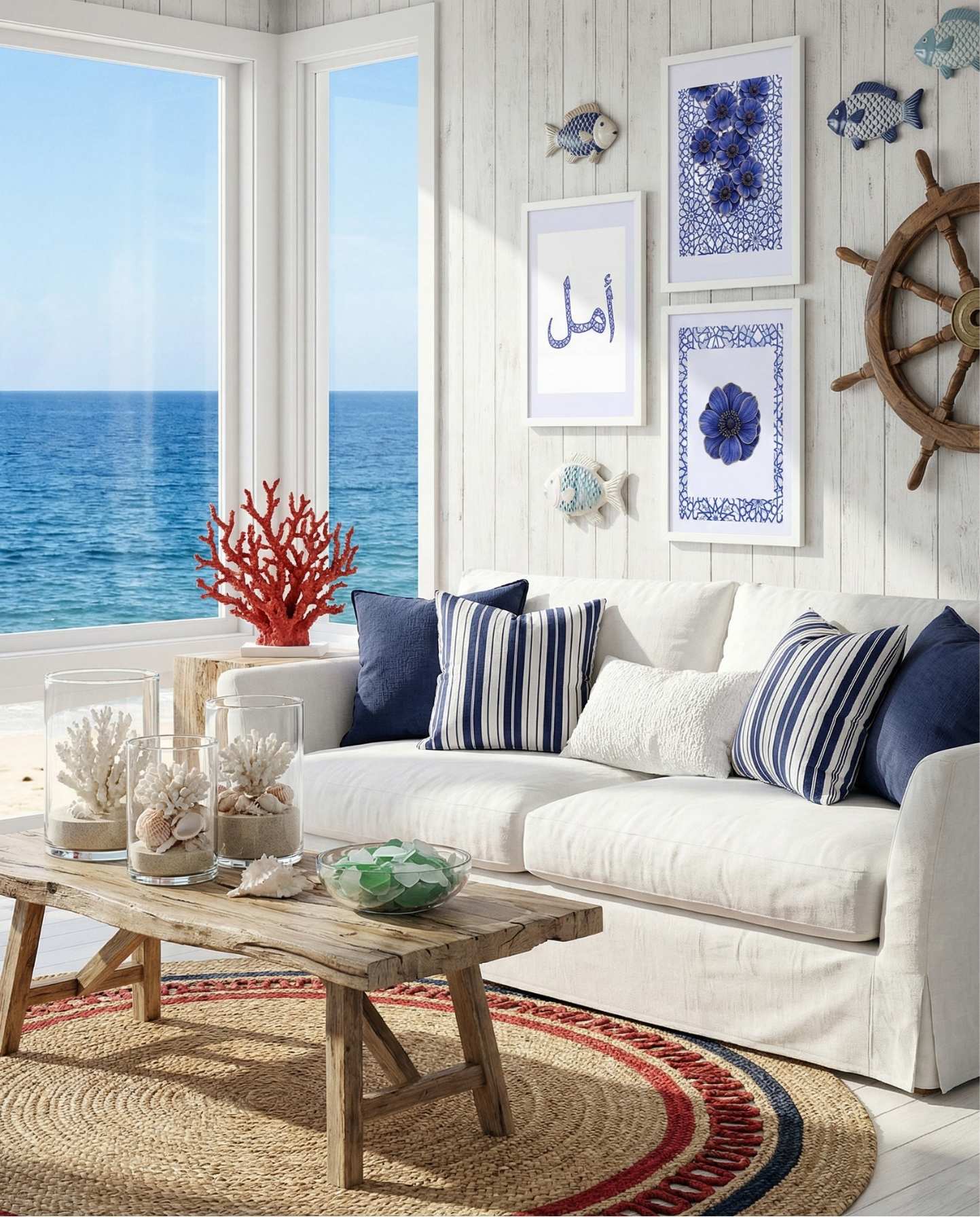 Blue geometric lace Islamic wall art and Amal calligraphy arranged as a gallery wall in a coastal living room with ocean view and neutral decor.