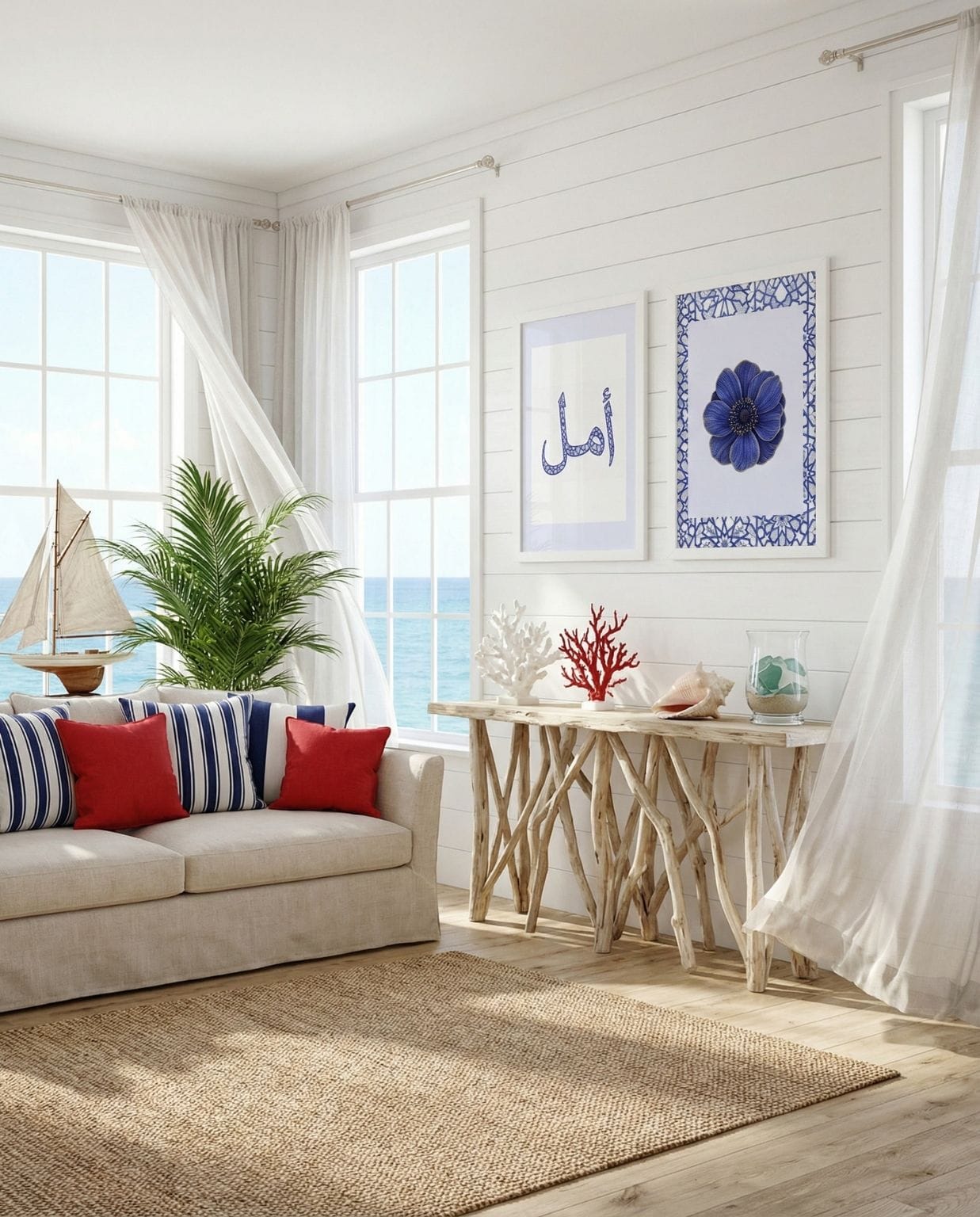 Blue geometric lace Islamic wall art with Amal calligraphy styled above a natural oak console table with linen sofa and jute rug in a light coastal interior.