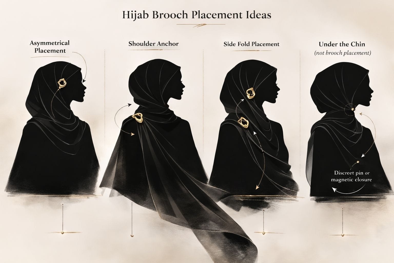 Hijab brooch placement ideas showing asymmetrical, shoulder anchor, side fold and under chin fastening styles on minimalist silhouette illustration