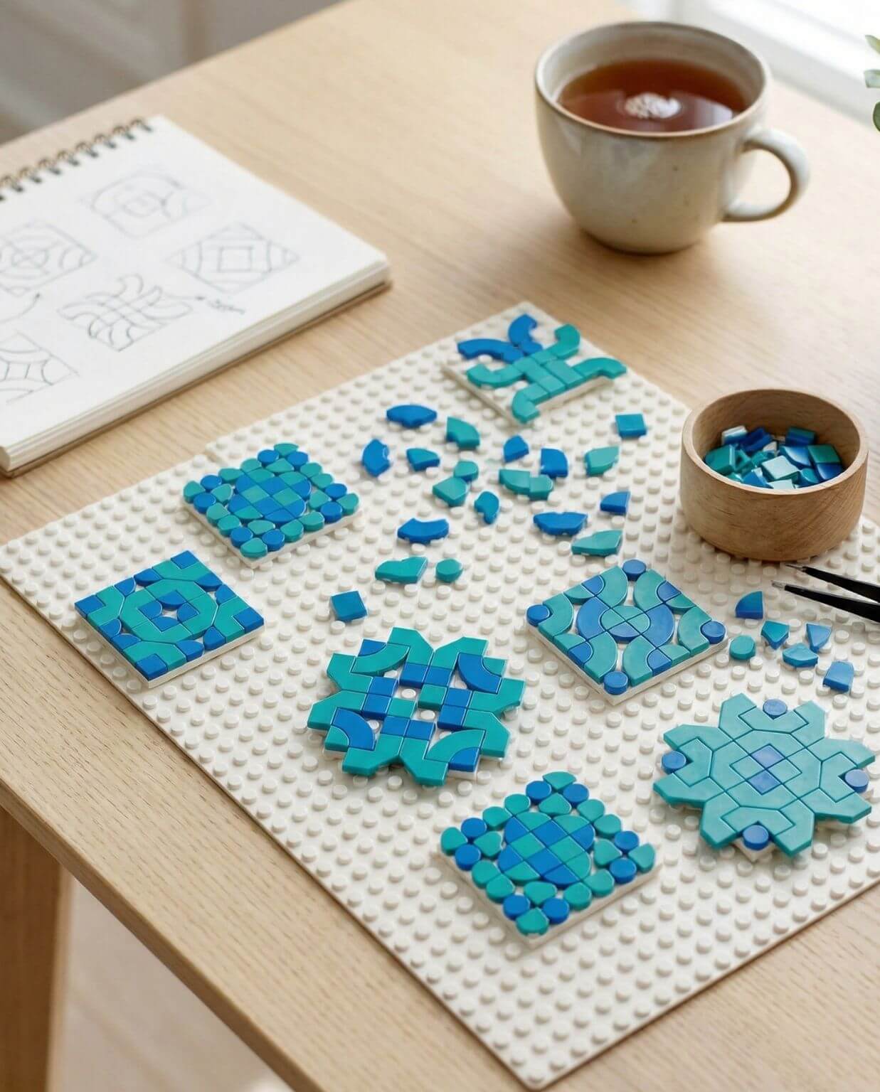 Islamic geometric tile activity using LEGO bricks on baseplate at home