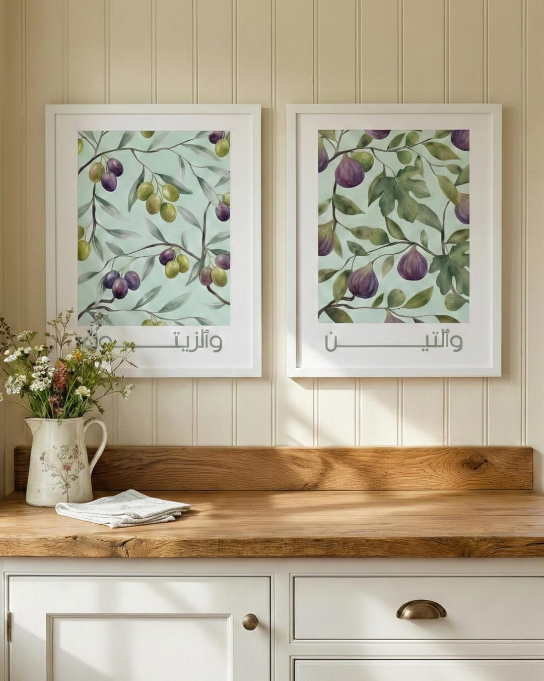 Minimal botanic fig and olive art duo for a calm kitchen.