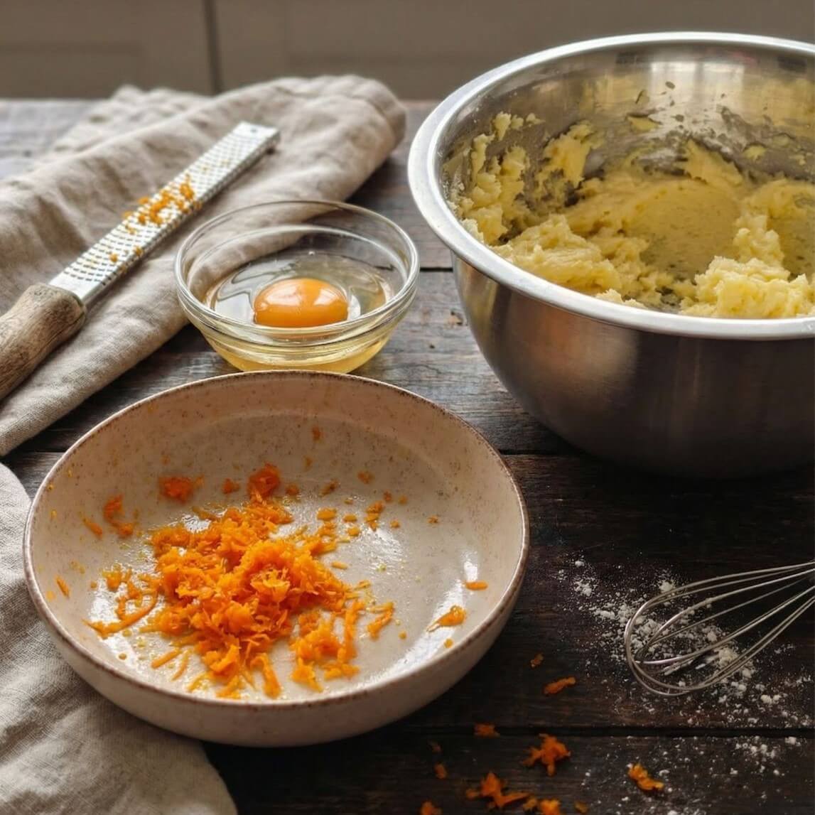 Fresh orange zest, egg, and butter mixture prepared for homemade Ramadan butter cookies