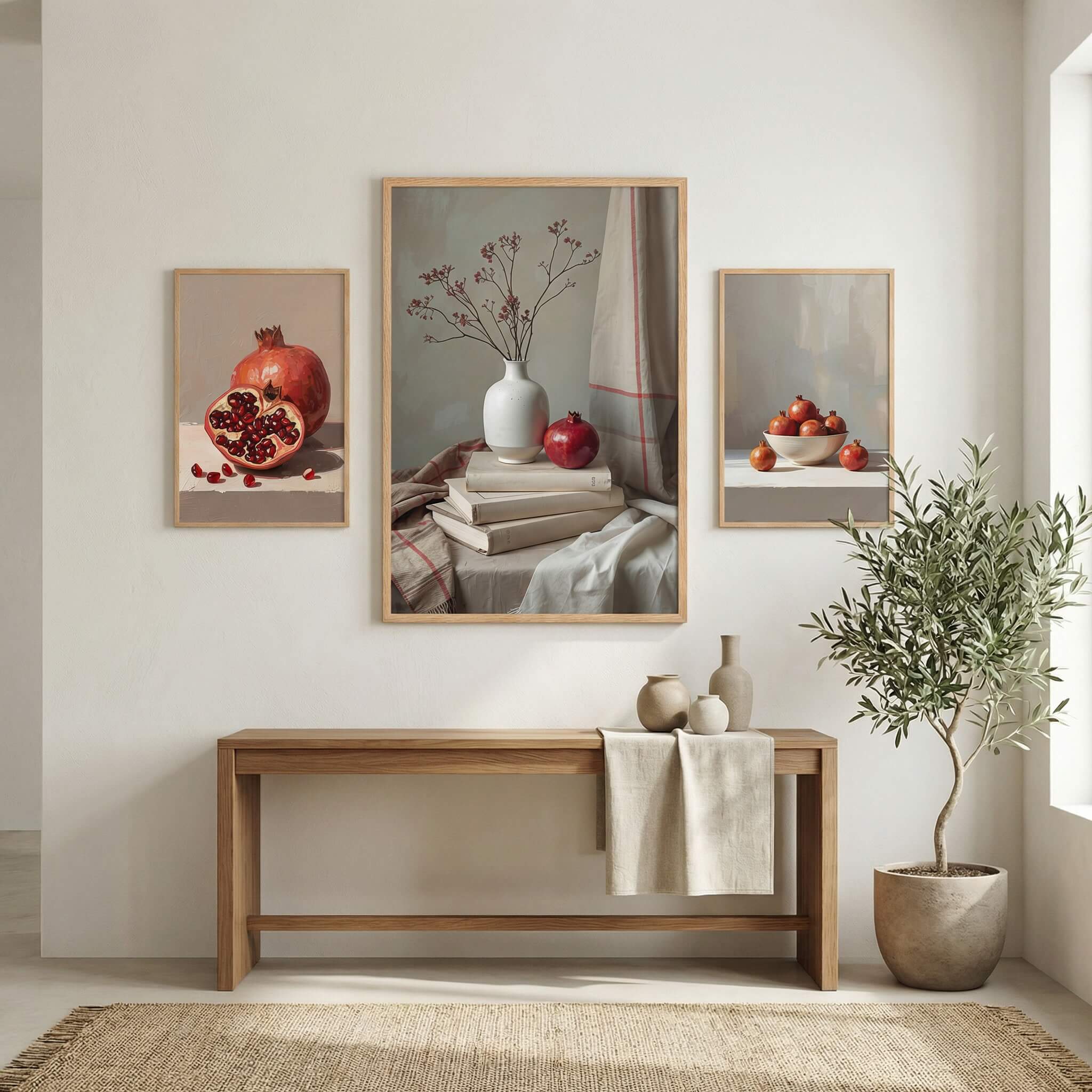 Three pomegranate artworks arranged as a balanced wall trio above a wooden bench in a neutral, minimalist interior with natural light and soft textures.