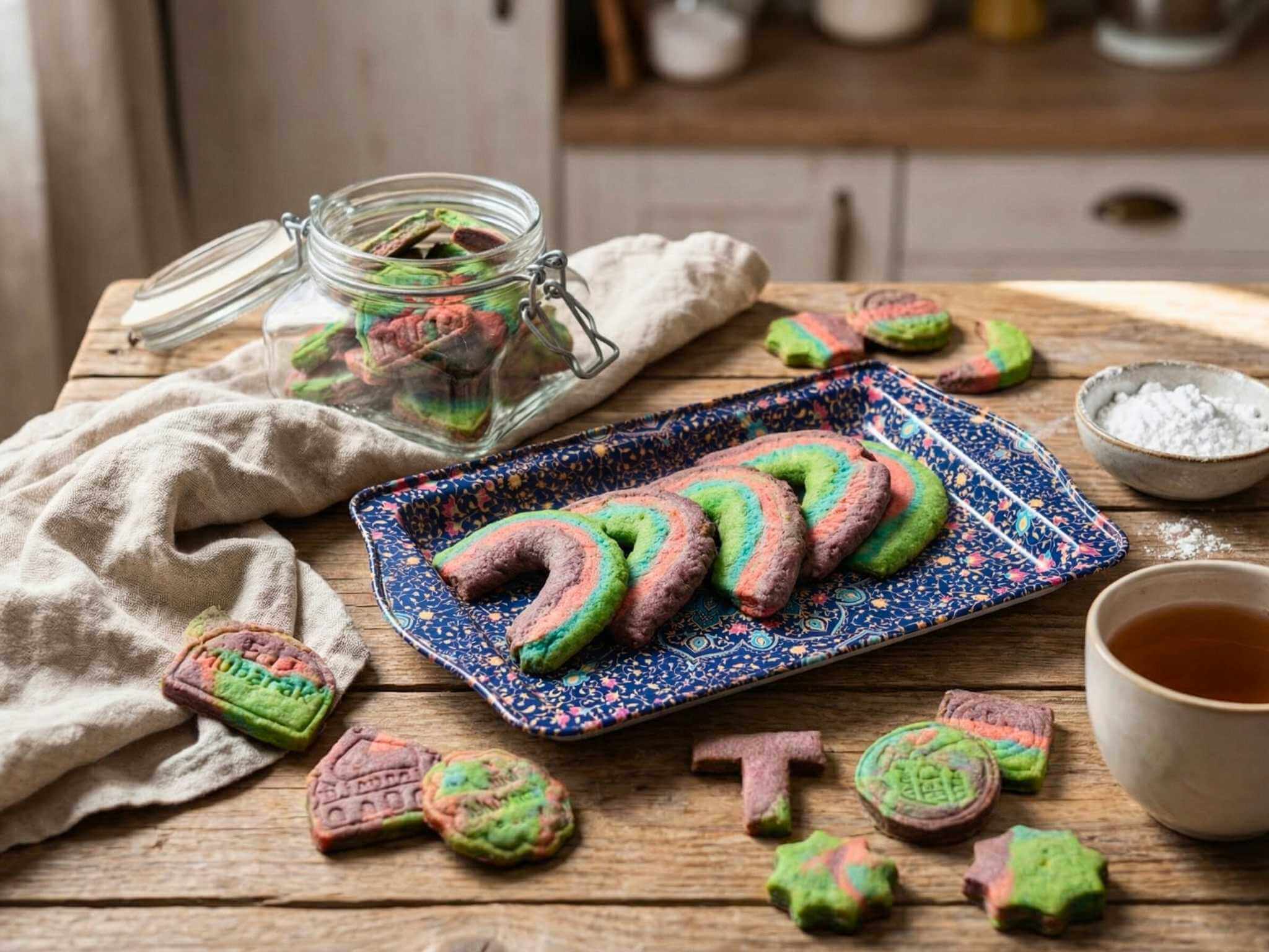 Rainbow Ramadan butter cookies arranged on a patterned tray with tea and a glass jar of cookies on a wooden table