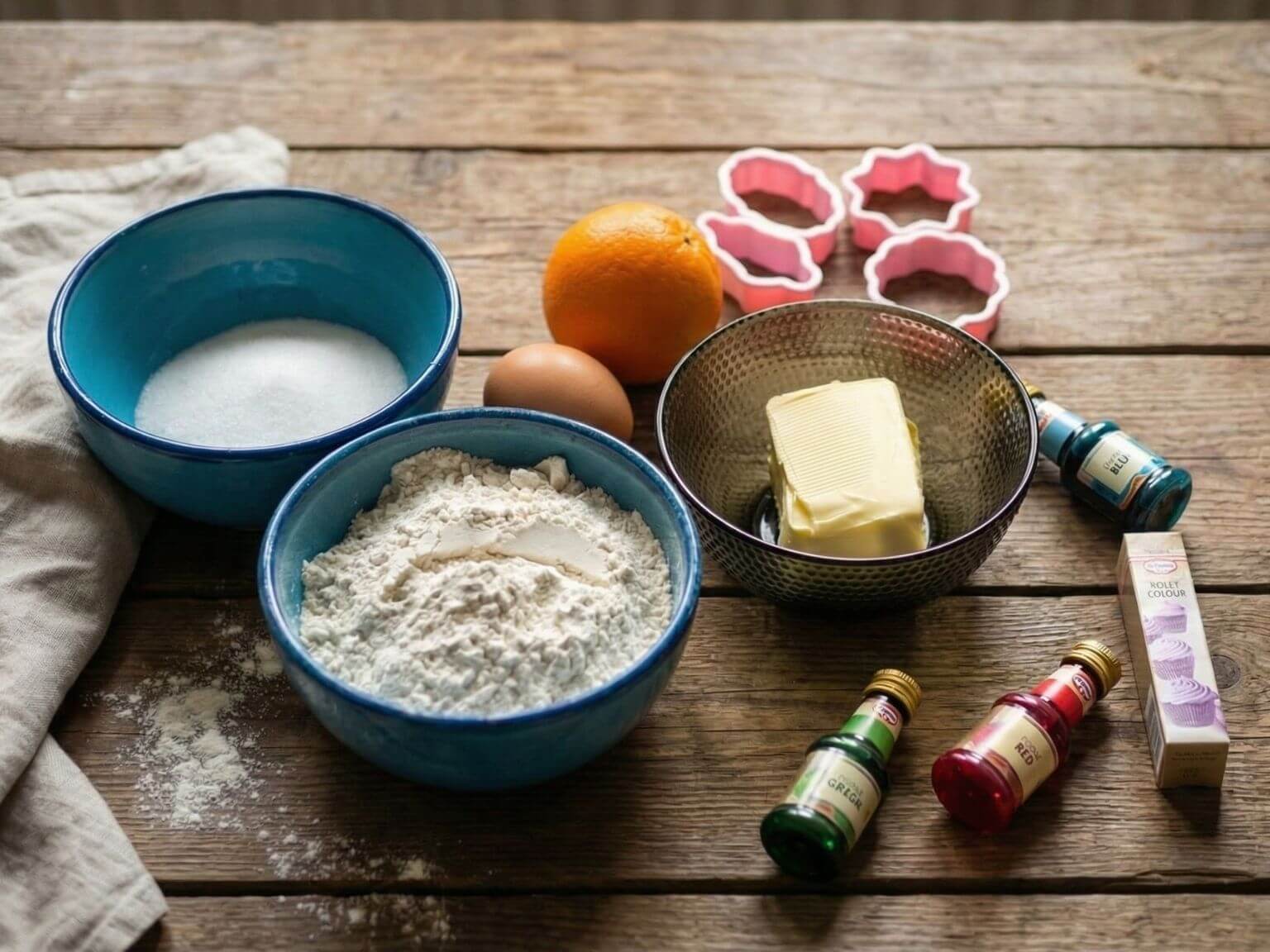 Ingredients for rainbow Ramadan butter cookies including flour, sugar, butter, orange, egg, food colouring, and cookie cutters