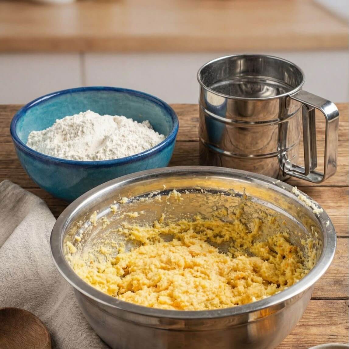 Buttery cookie dough mixed in a metal bowl with flour and baking tools on a wooden table