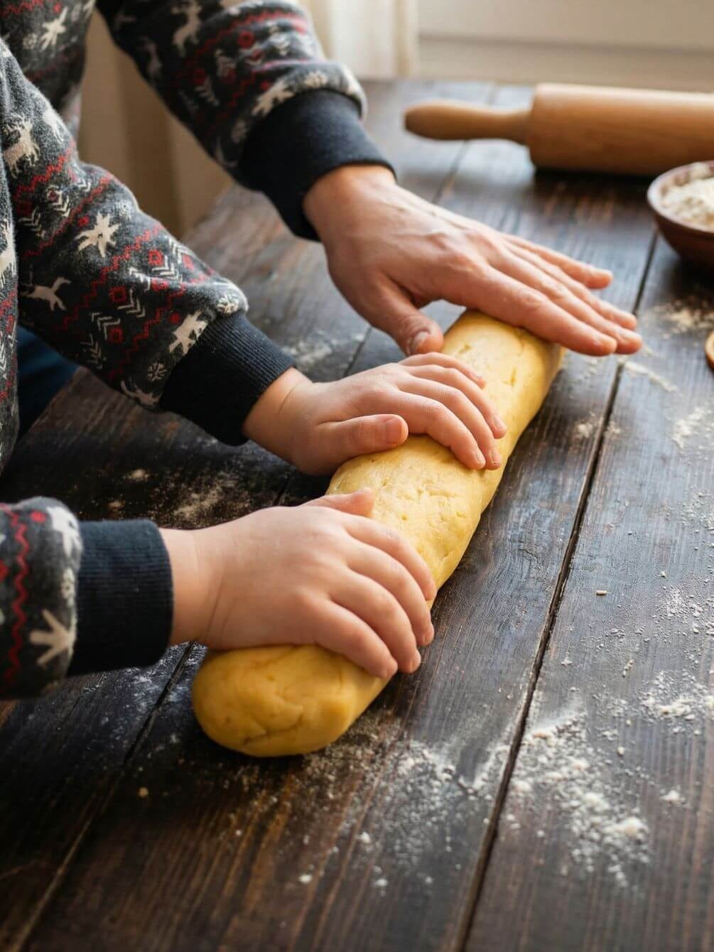 Child’s hands rolling butter cookie dough on a floured wooden table during Ramadan baking