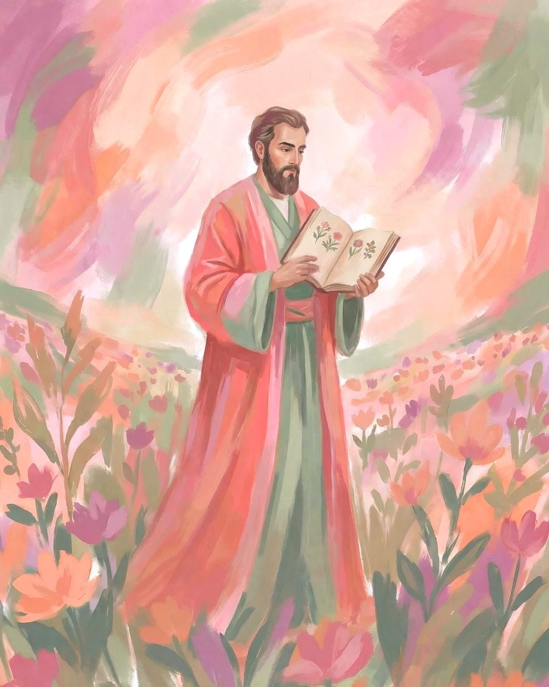 Painterly illustration of Al-Dinawari, the 9th-century Muslim botanist, standing among flowers and holding an open botanical manuscript inspired by Kitab al-Nabat