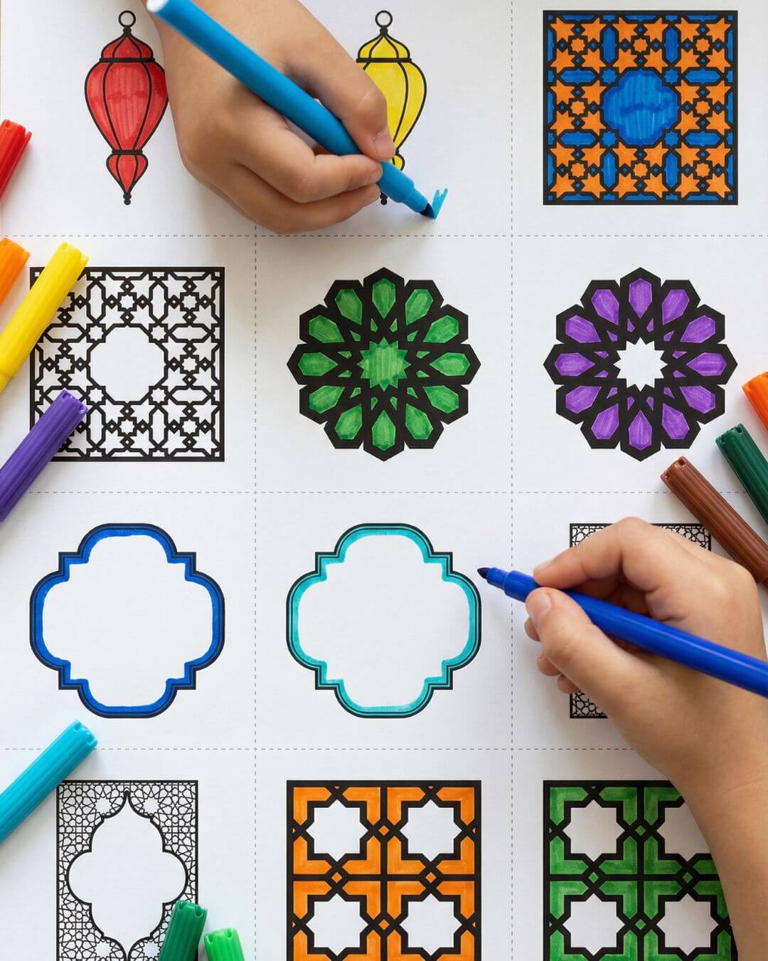 child colouring Islamic geometric pattern tiles printable activity