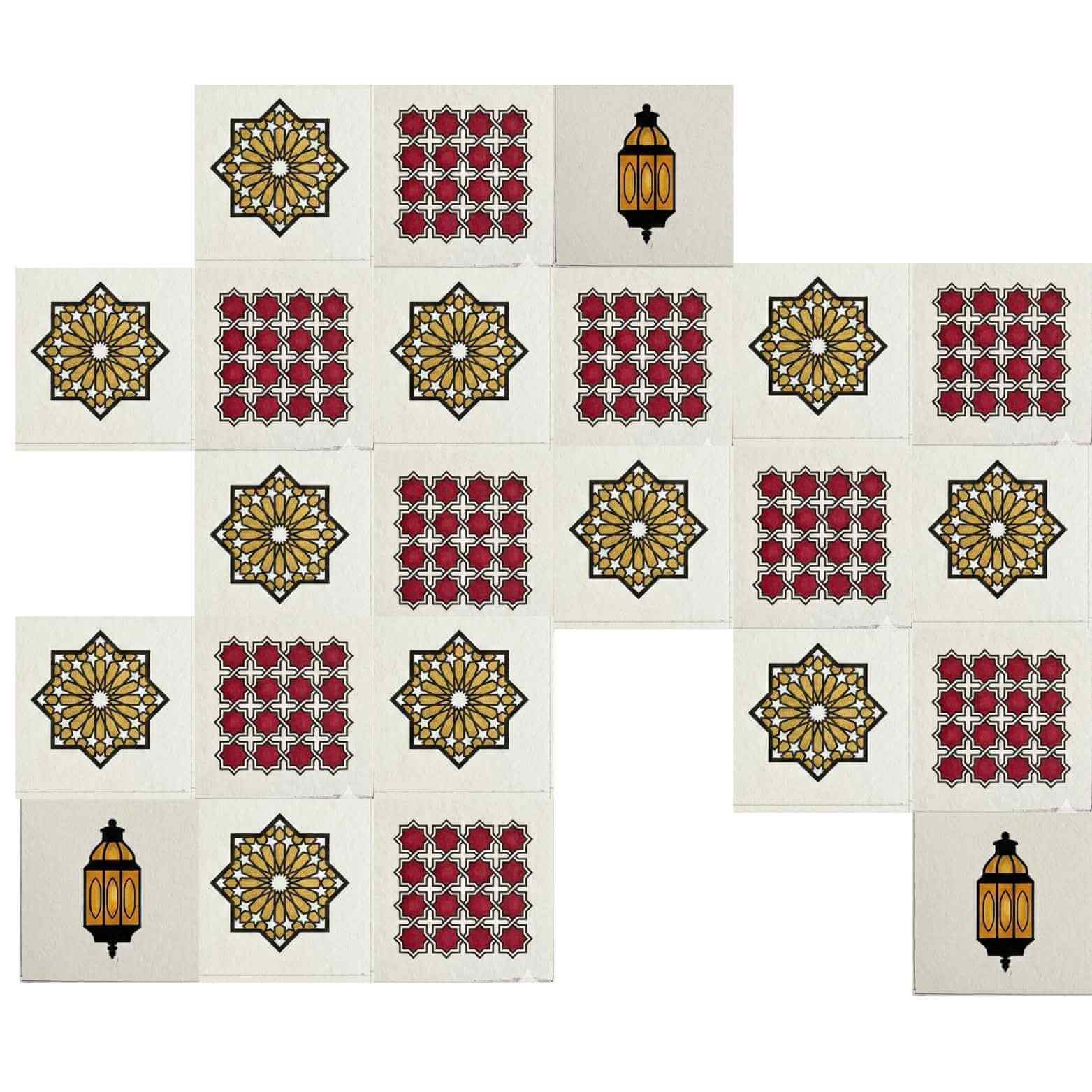 children arranging islamic geometric pattern tiles to create colourful mosaic designs