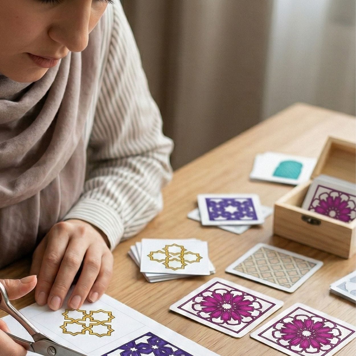 cutting coloured islamic geometric pattern tiles for printable kids activity