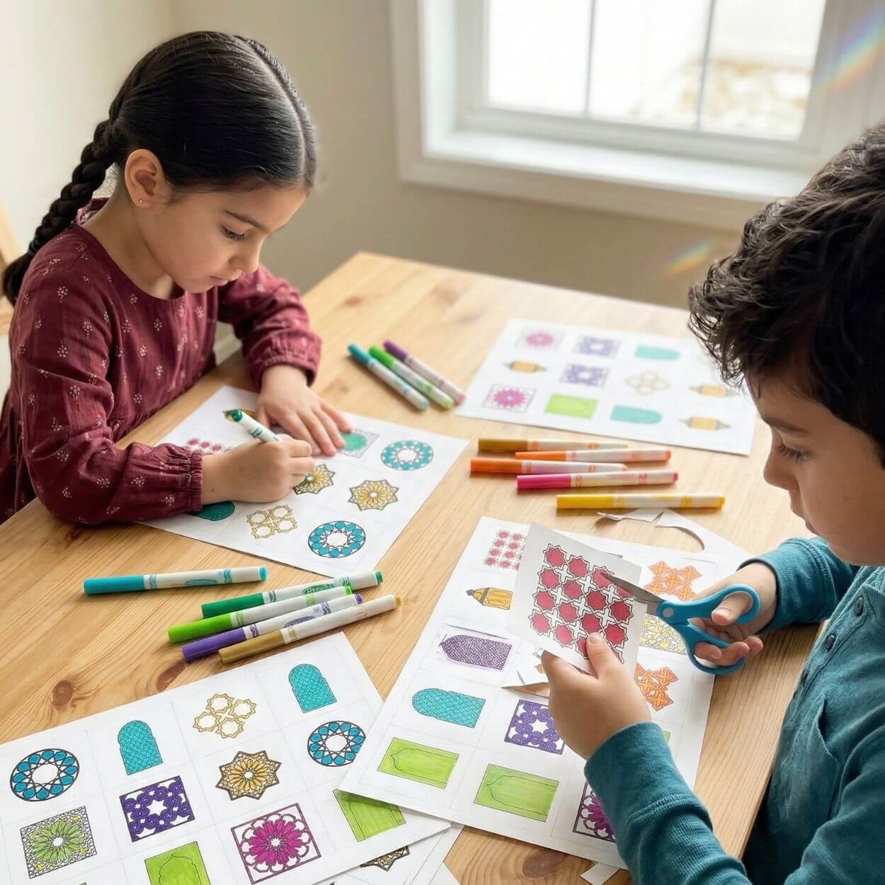 Children colouring and cutting printable Islamic geometric pattern tiles for a creative activity