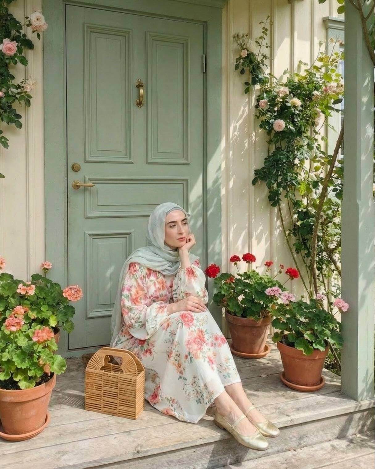 Woman in a modest floral maxi dress with a light sage hijab sitting on porch steps in front of a sage green door, styled as a pastel modest spring outfit.