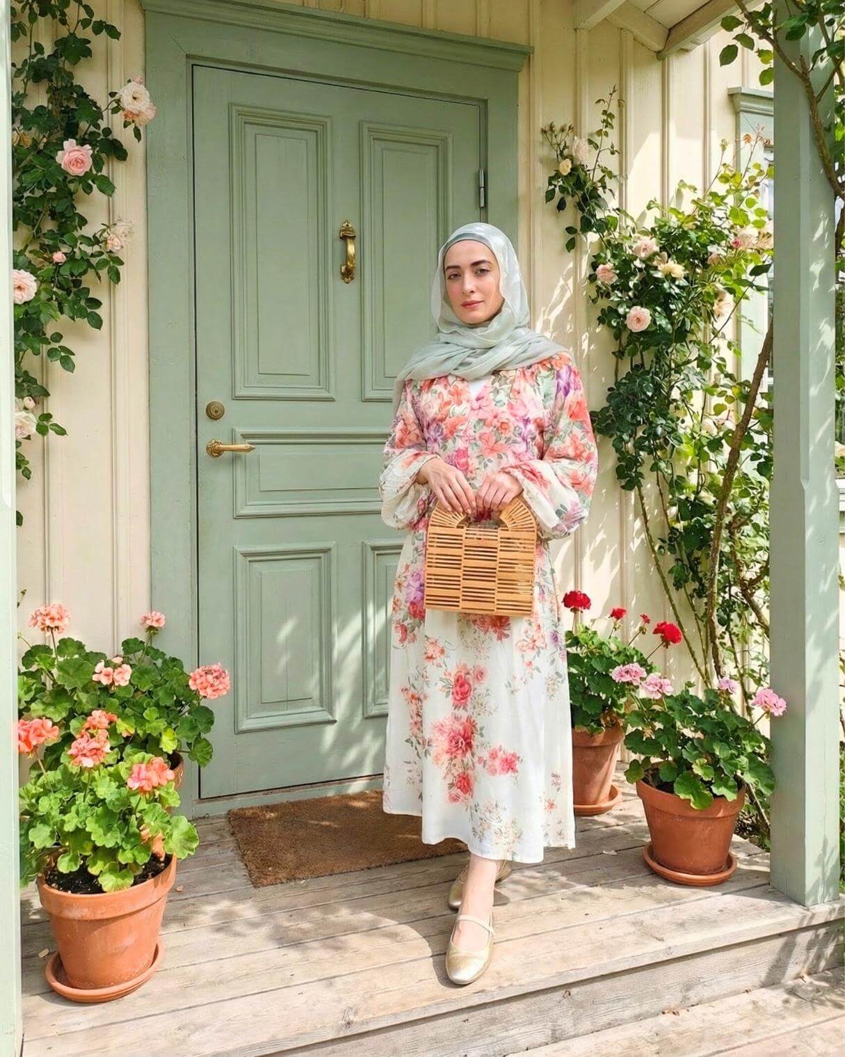 Woman wearing a modest floral maxi dress with a light hijab and bamboo handbag on a country house porch, styled as a modest spring wedding guest outfit for hijabis.