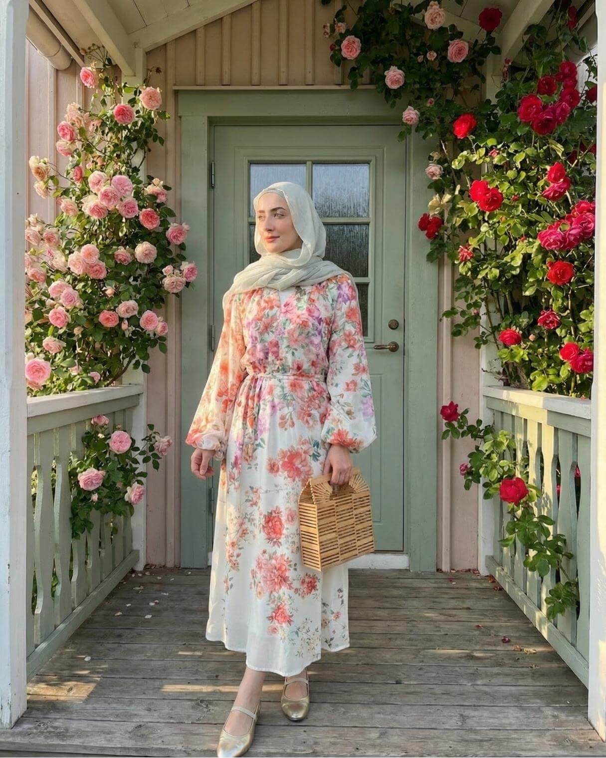 Woman wearing a modest floral maxi dress with a light hijab and bamboo handbag on a rose-covered porch, styled as a modest spring wedding guest outfit for hijabis.