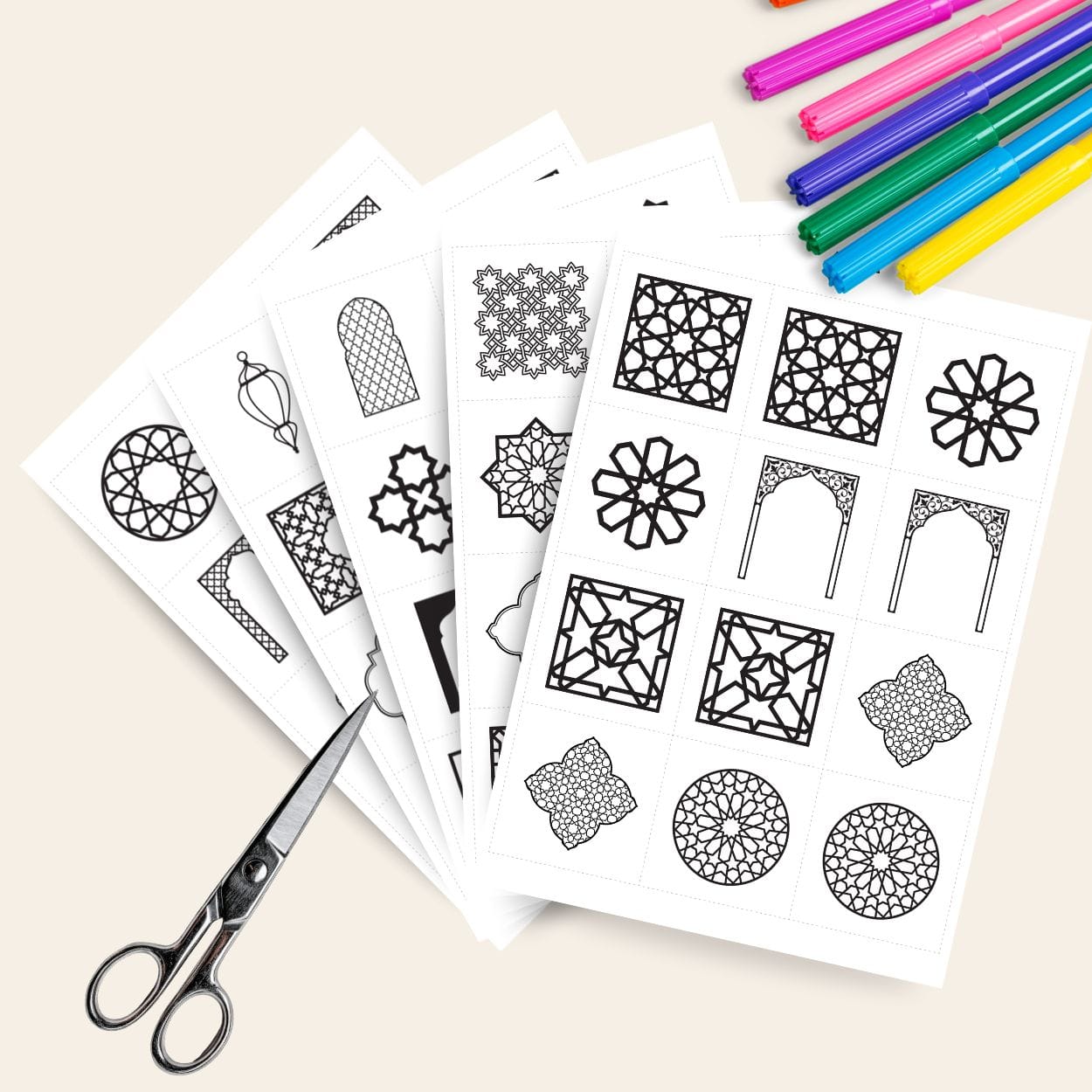 free printable islamic geometric pattern tiles for kids colouring and memory game activity