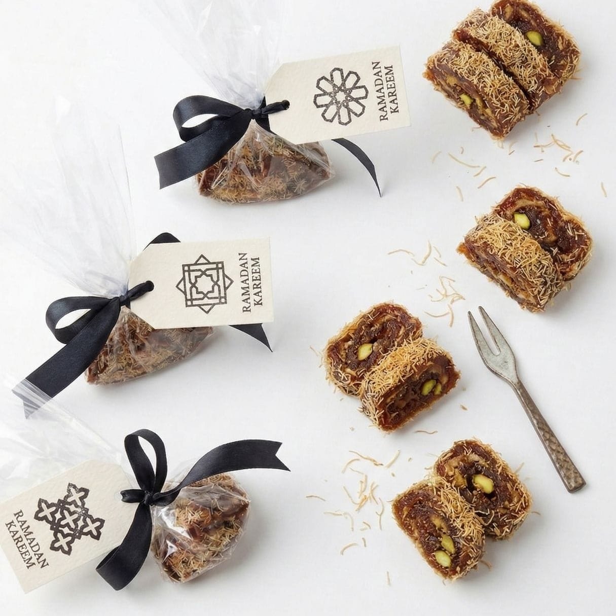 homemade pistachio kataifi date dessert packaged as Ramadan gift