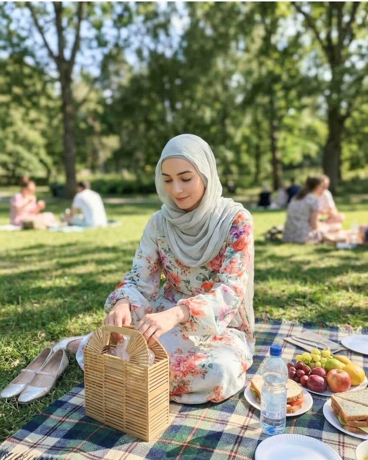 Woman in a soft pastel floral modest dress and light sage hijab sitting on a picnic blanket in the park, styled as a unique modest spring outfit for hijabis.