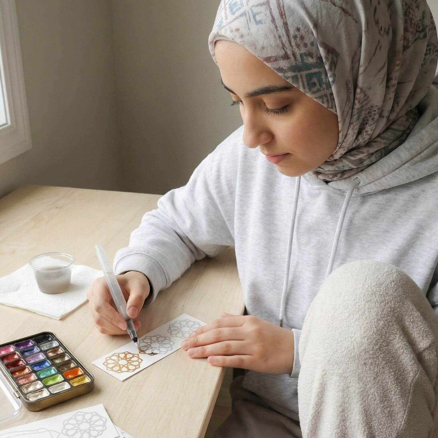 Muslim teen girl in soft loungewear using the Deenista Islamic shimmer watercolor kit to paint geometric bookmark cards at a light wood table.