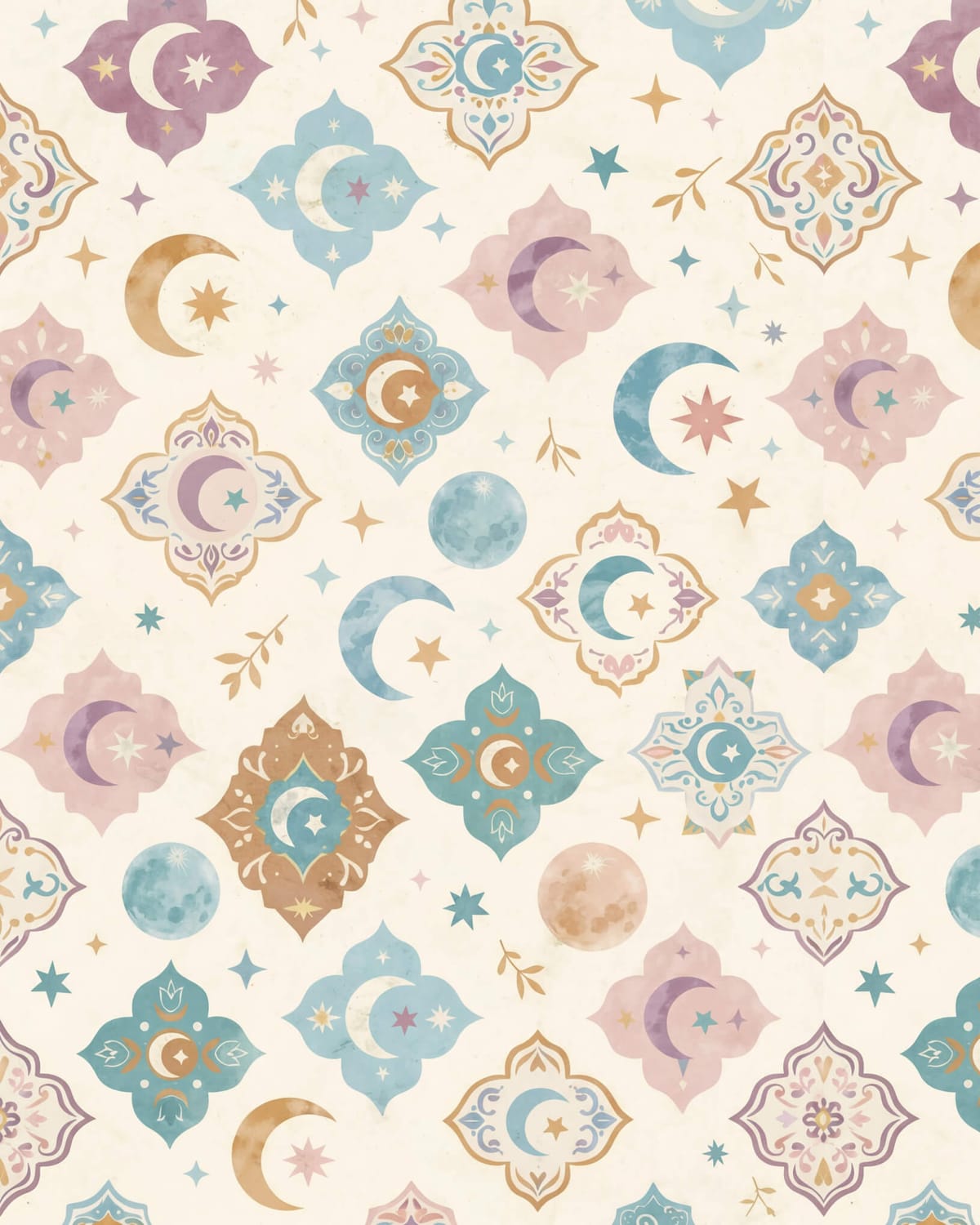Moon and star Ramadan pattern art with pastel colors.