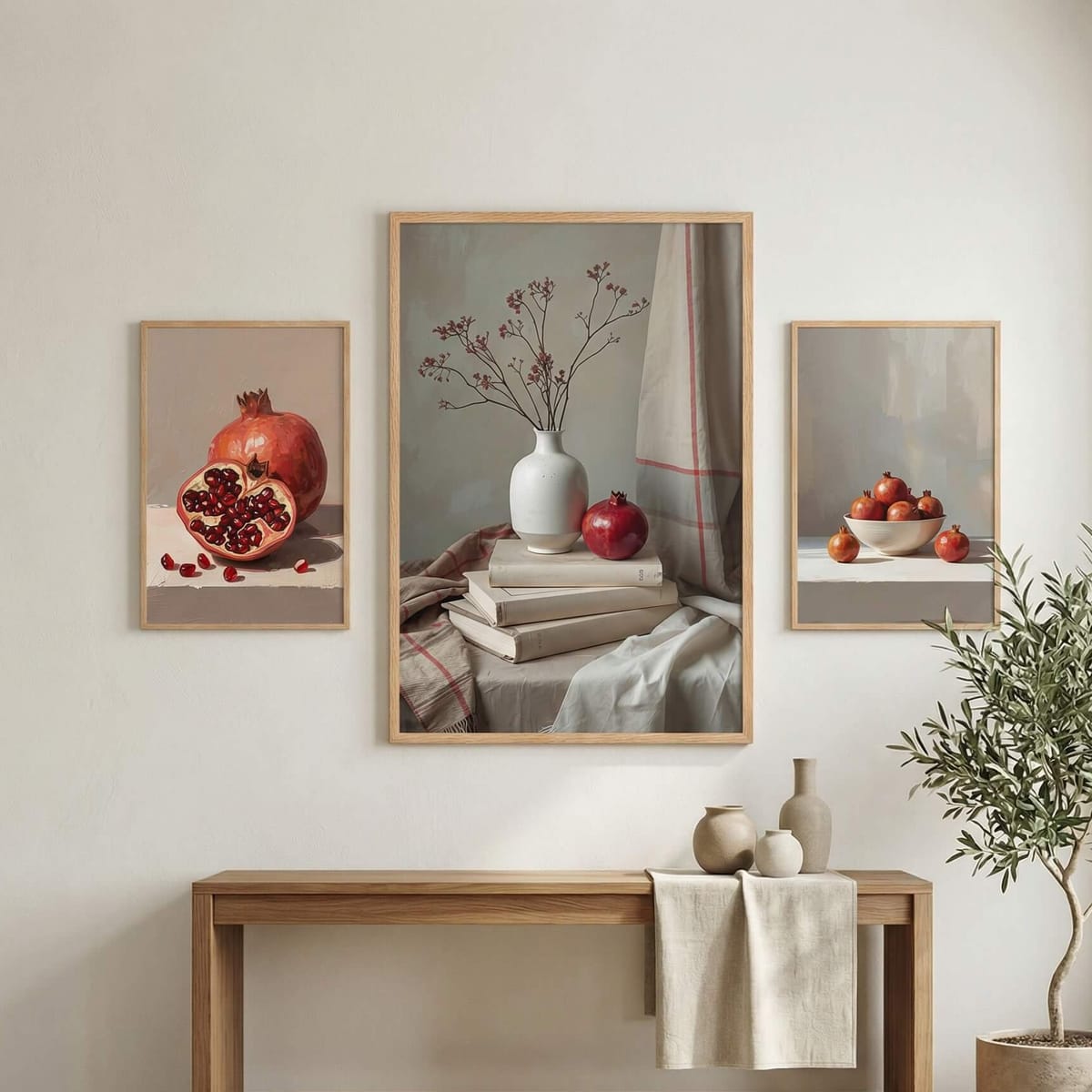 Trio of pomegranate still life artworks in a calm, minimalist interior.