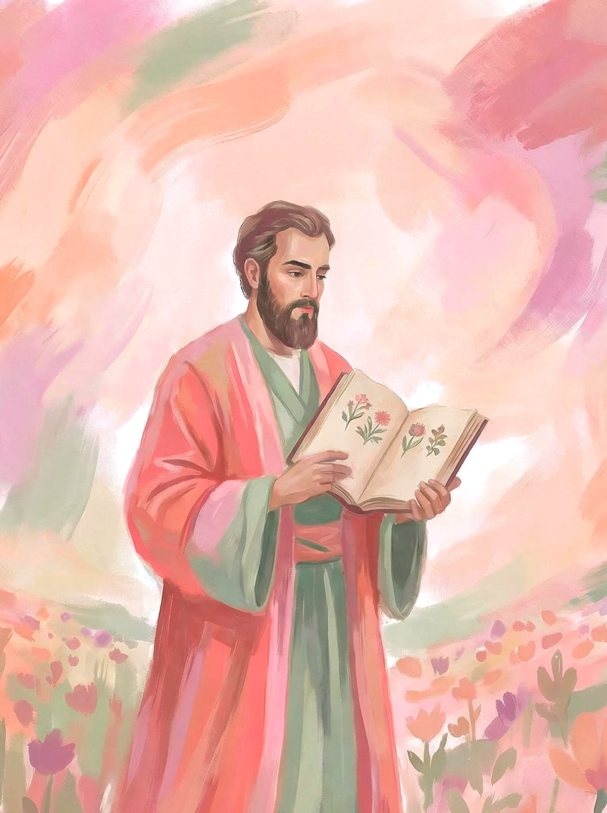 Painterly illustration of Al-Dinawari, the 9th-century Muslim botanist, standing among flowers and holding an open botanical manuscript inspired by Kitab al-Nabat