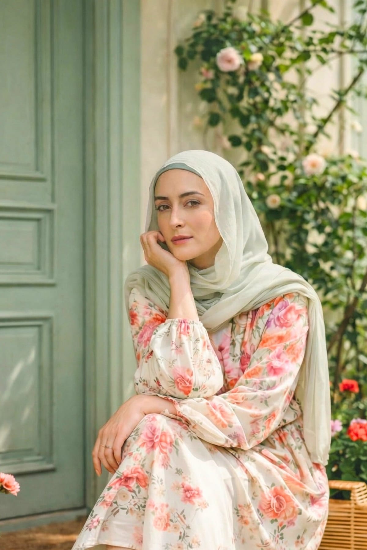 Close-up portrait of a woman in a pastel floral modest dress and soft sage hijab seated outdoors, styled as a light spring modest outfit for hijabis.