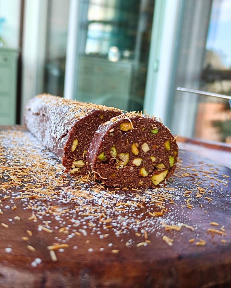 Chocolate kataifi salami with pistachios